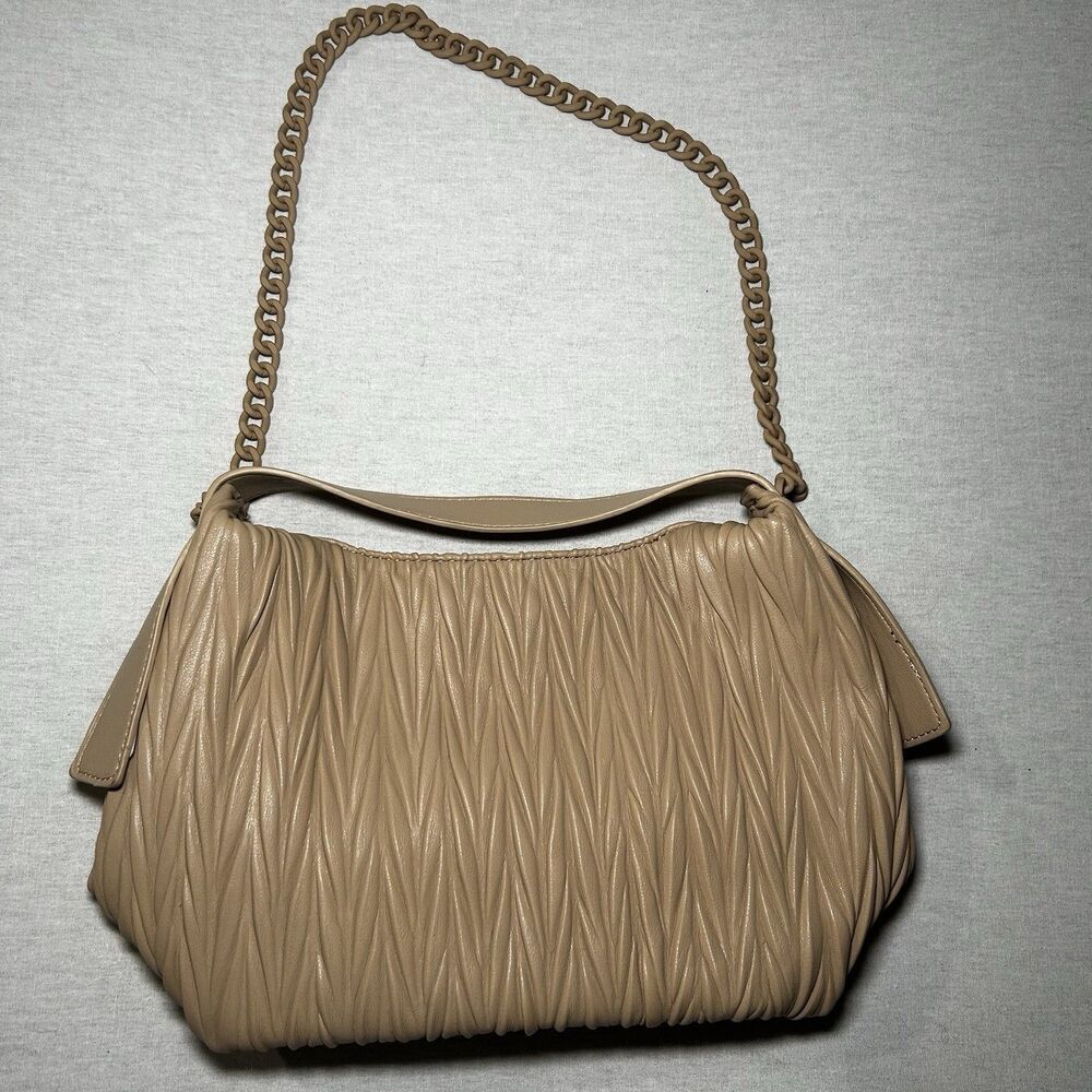 Madison West Pleated Crescent Hobo Purse Beige with Beige Chain Handbag